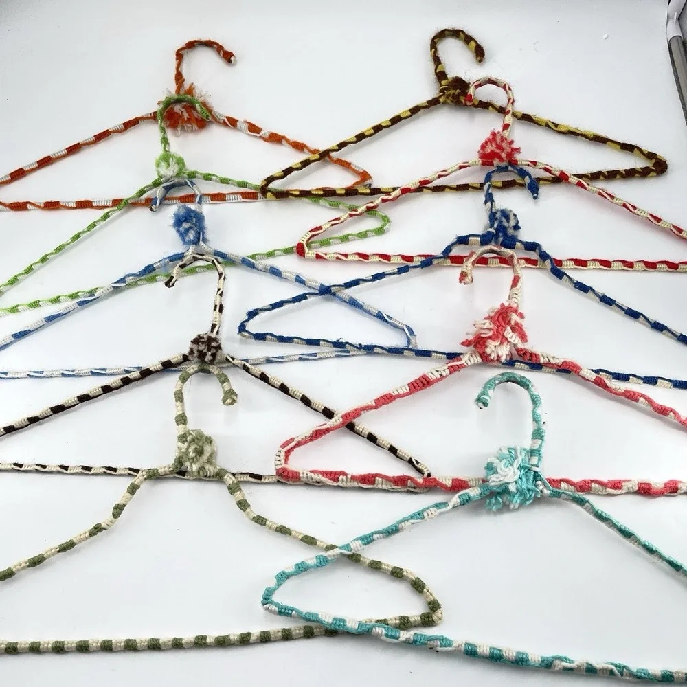 Vtg Crochet Yarn Covered Hangers Pom Pom Sturdy Double Wire Anti Slip Boho
